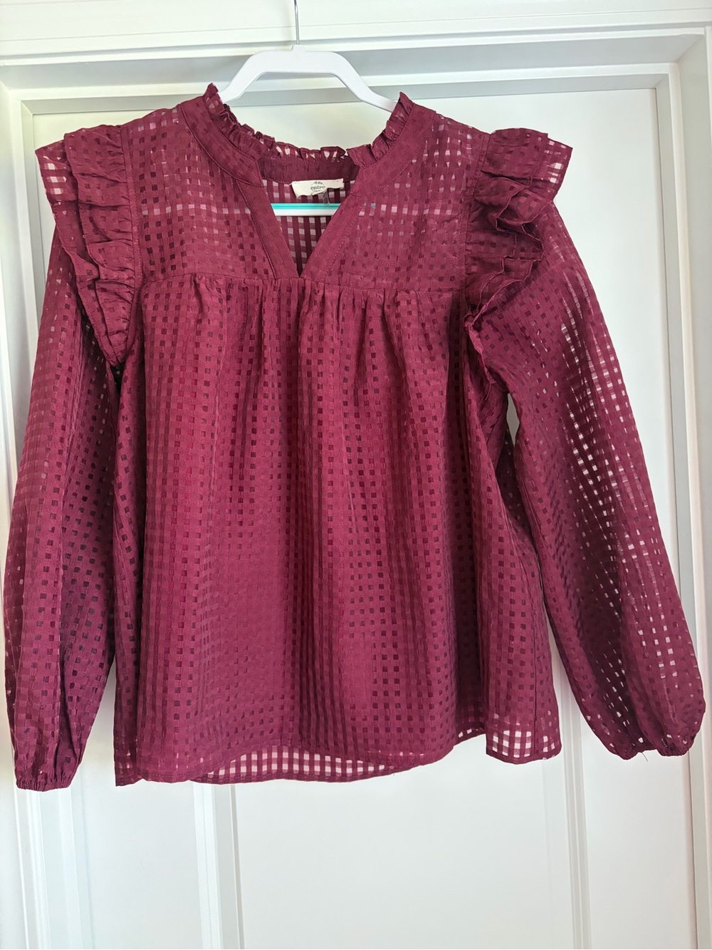 entro Burgundy Eyelet Ruffle V-Neck Blouse